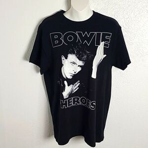 Black BOWIE Short Sleeve T-Shirt with Bowie's Face & "Heroes", Size Medium